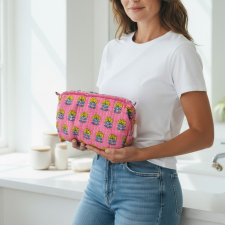 Playful Floral Set Of 3 Make Up Wash Bags Pink