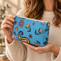 Folk Flower Make Up Bag Light Blue
